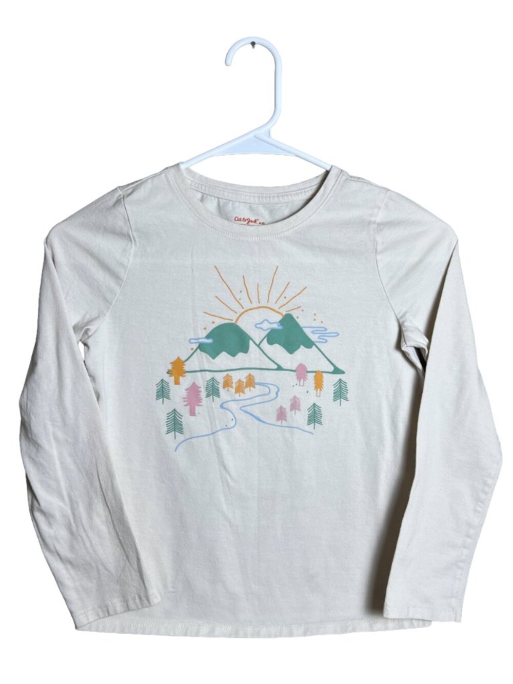 Cat & Jack Long Sleeve Graphic Tee Cream Mountains Kids Size 8